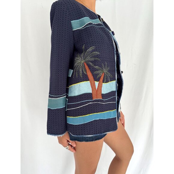 90s vintage blue novelty tropical bird vacation embroidered patchwork jacket - Picture 8 of 10